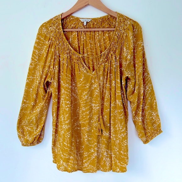 Flowy Gold yellow top with smocking, ruched neckline, tassel tie, soft top - Picture 1 of 7